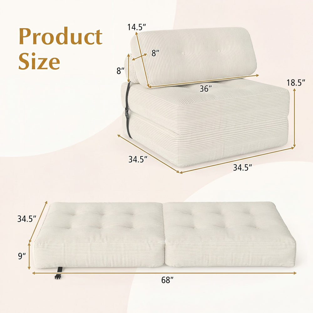 Folding sofa bed with pillow and back support in beige, showcasing dimensions for versatile use in living rooms or.