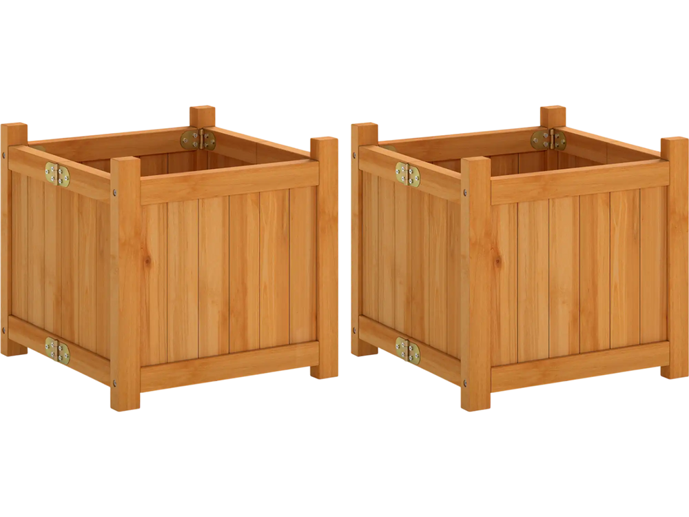 Set of 2 folding square fir wood raised garden beds with removable bottoms, perfect for flowers and herbs in any outdoor space.