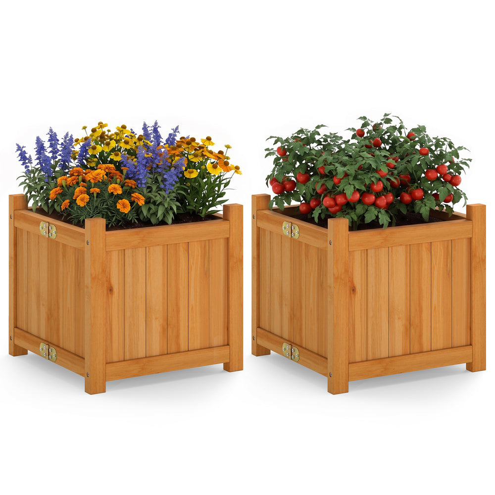 Folding square fir wood raised garden beds set of 2 with removable bottoms, perfect for flowers and herbs in any outdoor space.