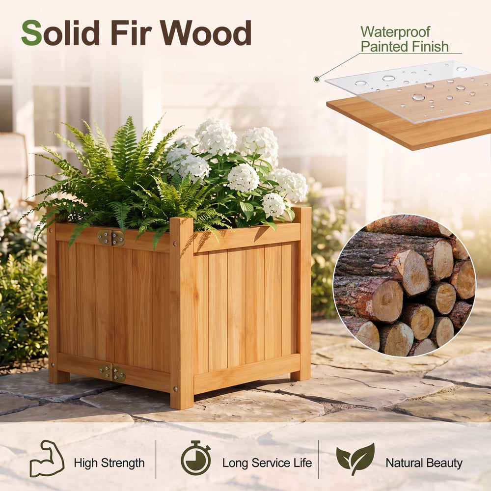 Folding square raised garden bed made of solid fir wood, featuring a removable bottom for drainage and easy storage.