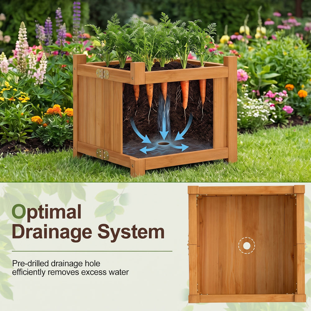Folding square fir wood raised garden bed with removable bottom and optimal drainage system for flowers and herbs.