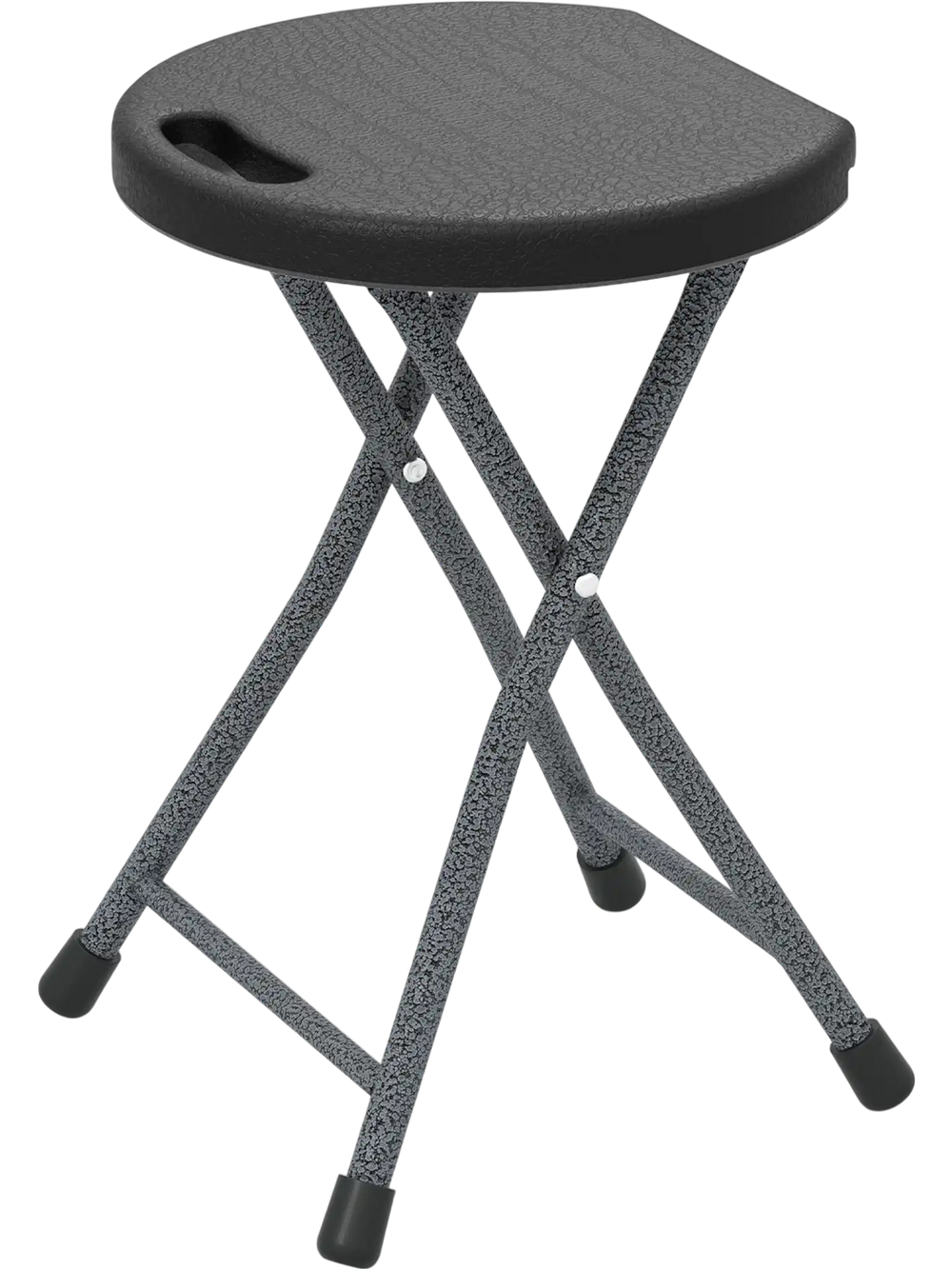 Folding stool with built-in handle, HDPE seat, and powder-coated metal frame for easy transport and secure seating.