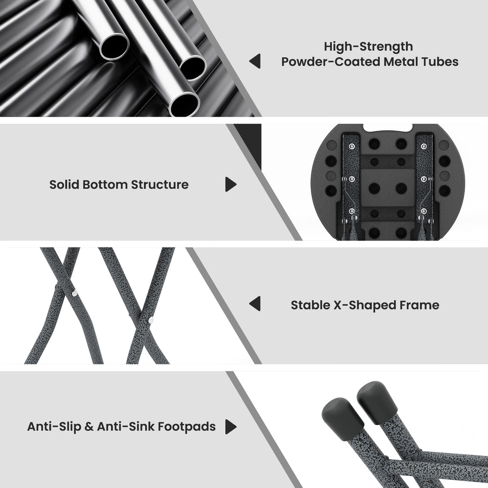 Folding stool with built-in handle, featuring a stable X-shaped frame and anti-slip footpads for secure seating.
