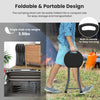 Folding stool with built-in handle, made of HDPE and powder-coated metal, ideal for easy transport and outdoor use.