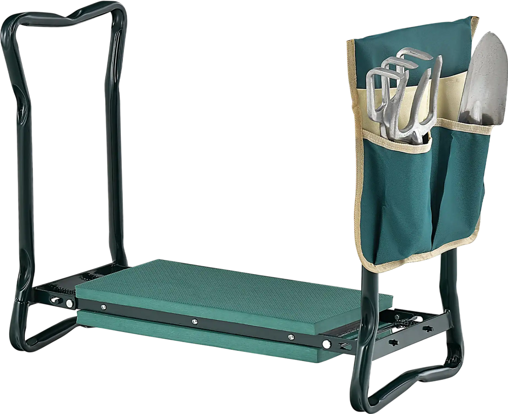 Folding garden kneeler with cushion seat and tool pockets, designed for comfort and easy storage. Ideal for gardening.