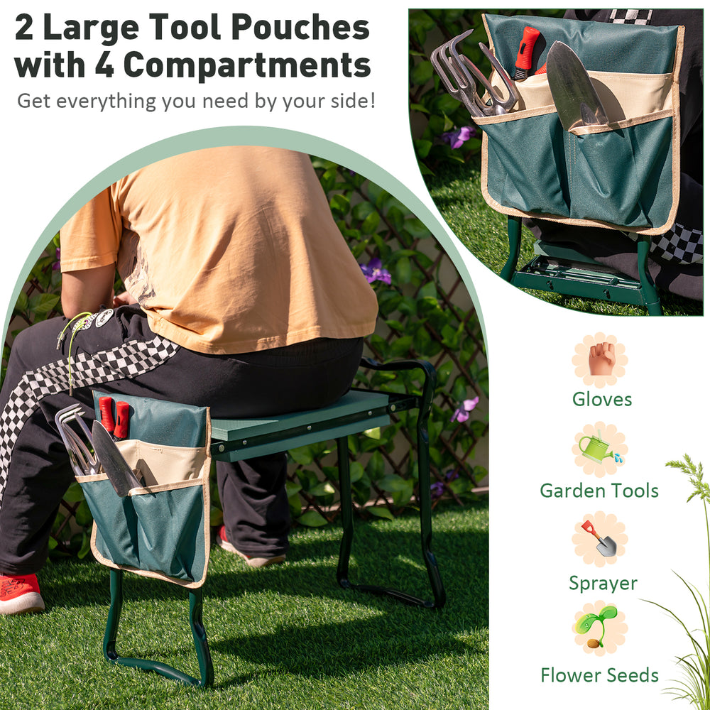 Folding garden kneeler with sturdy cushion, featuring 2 large tool pouches for convenient gardening access.