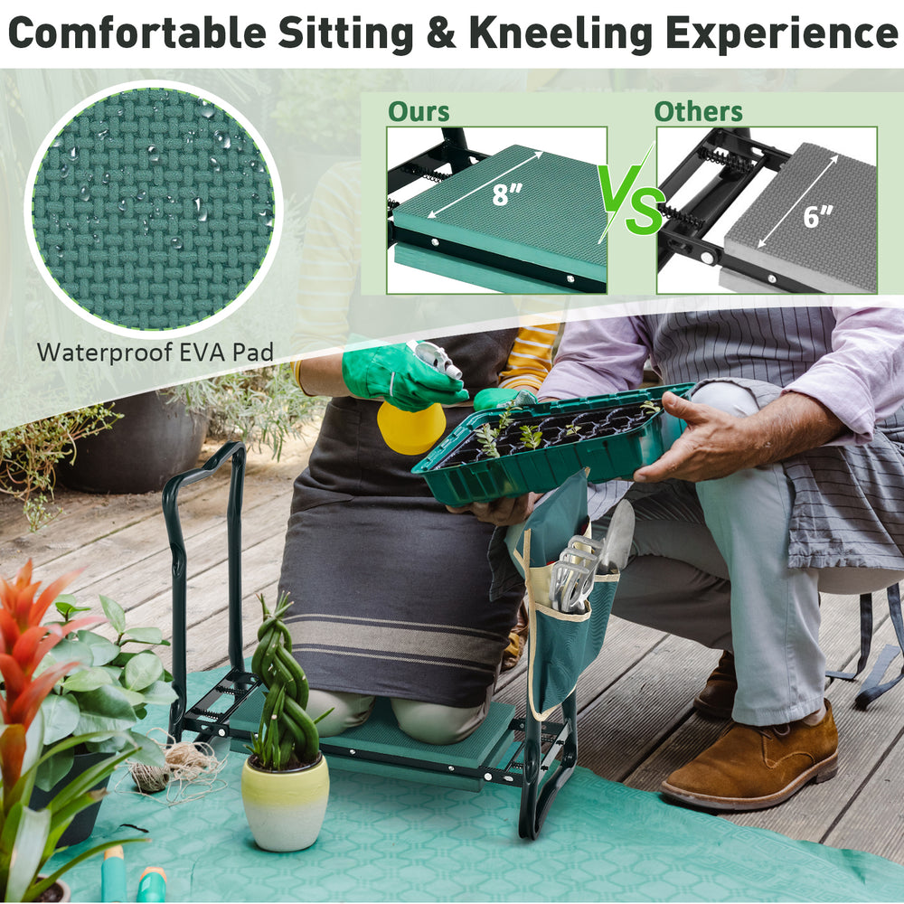 Folding garden kneeler pad with cushion seat, lightweight design for comfortable gardening, relieving back stress.