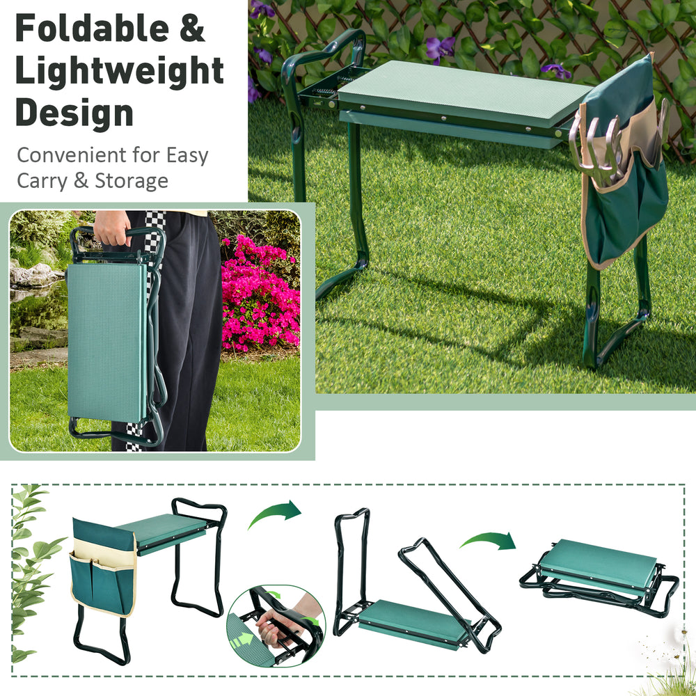 Folding garden kneeler pad with cushion seat, lightweight design for easy carry and storage, ideal for gardening.