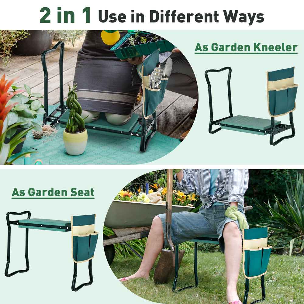 Folding garden kneeler and seat in use, featuring a sturdy design and convenient storage for gardening tools.