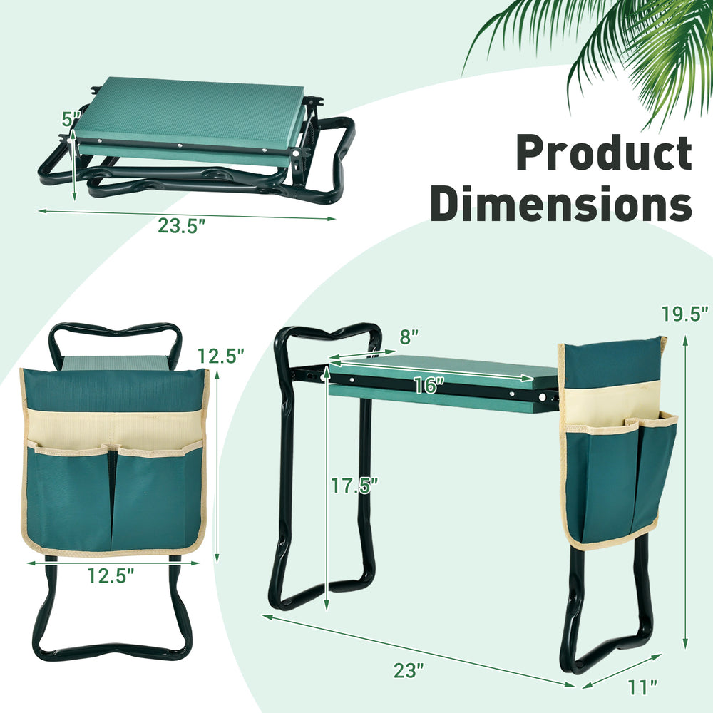 Folding garden kneeler pad and cushion seat with storage pockets, dimensions 23.5" x 12.5" x 19.5", ideal for gardening.