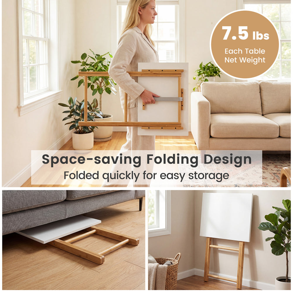 Folding TV tray table set in white with bamboo structure, designed for small spaces and easy storage in living rooms.