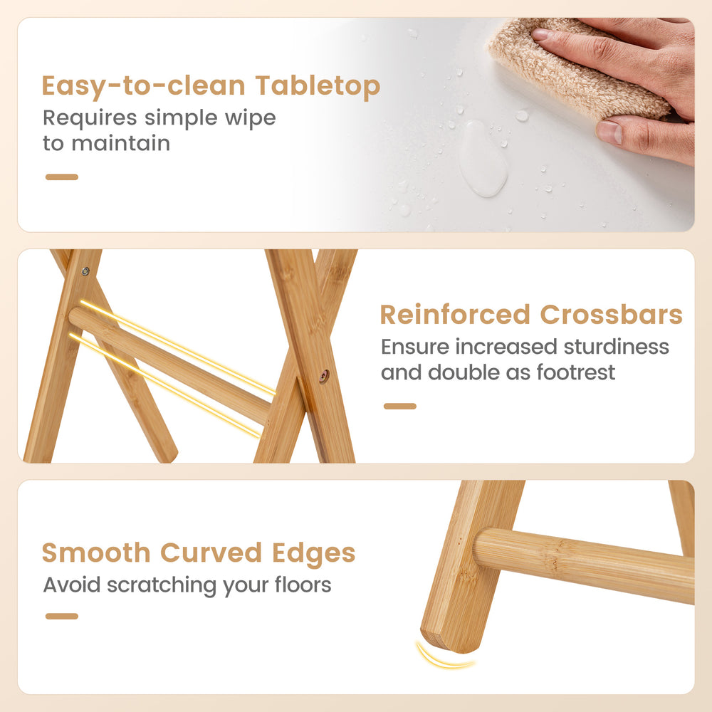 Folding TV tray table set featuring easy-to-clean bamboo tops, reinforced crossbars, and smooth curved edges for floor.
