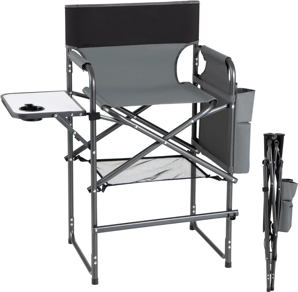 Folding tall director chair in gray with ergonomic design, sturdy metal frame, and side table for outdoor relaxation.