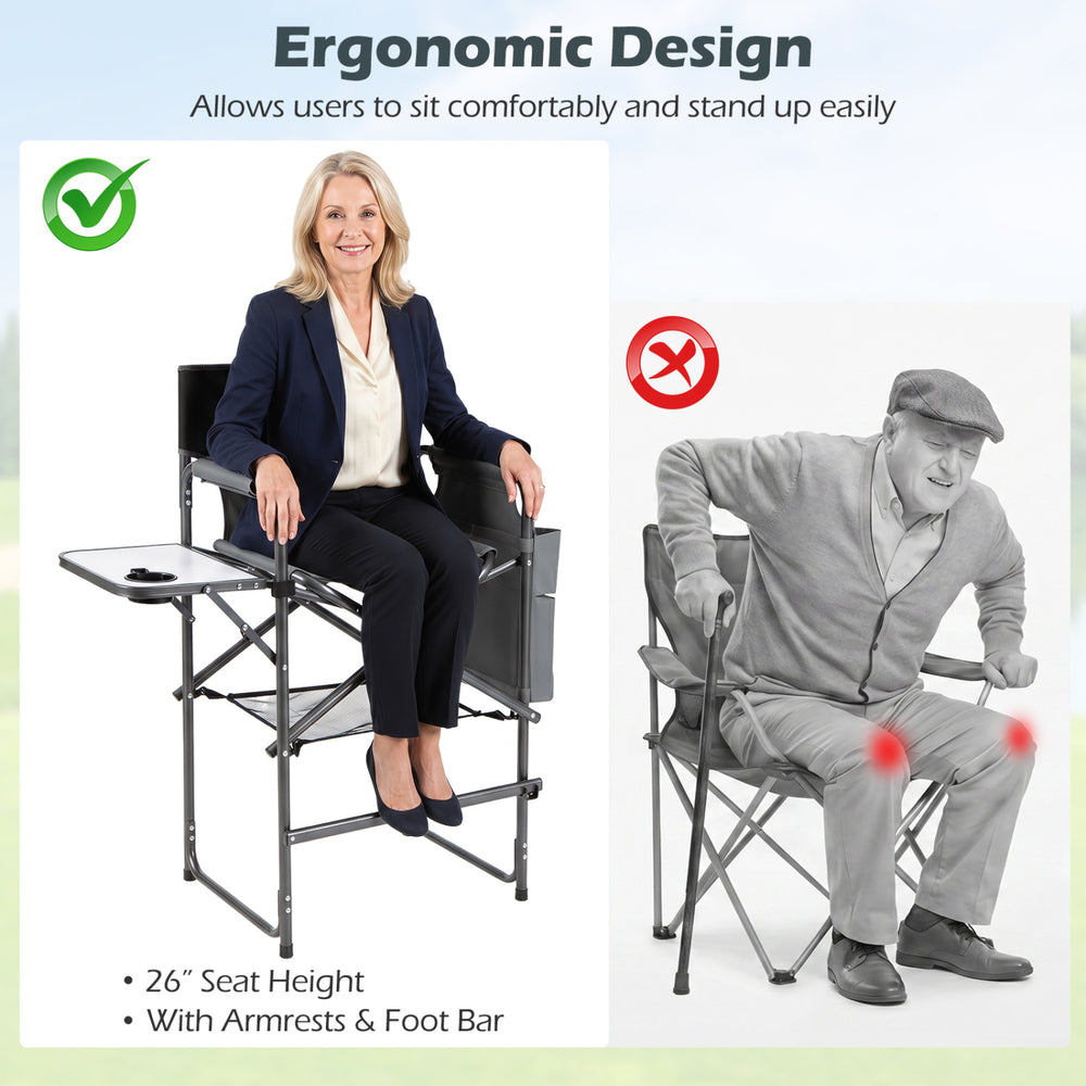Folding tall director chair with a 26-inch seat height, ergonomic design, armrests, and a side table for camping convenience.