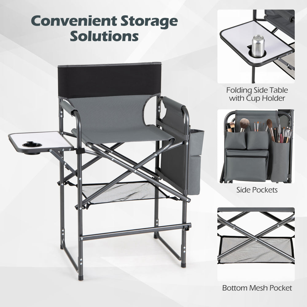 Folding tall director chair in gray features a side table with cup holder and ample storage pockets for camping convenience.