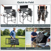 Folding tall director chair with 26-inch seat height, gray fabric, side table, and lightweight design for camping use.