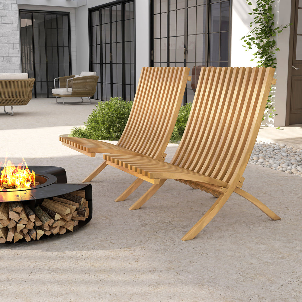 Folding teak wood outdoor lounge chair with slatted seat and backrest, perfect for fire pit nights in your patio.