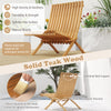 Folding teak wood outdoor lounge chair with slatted seat and backrest, perfect for patio relaxation and fire pit nights.