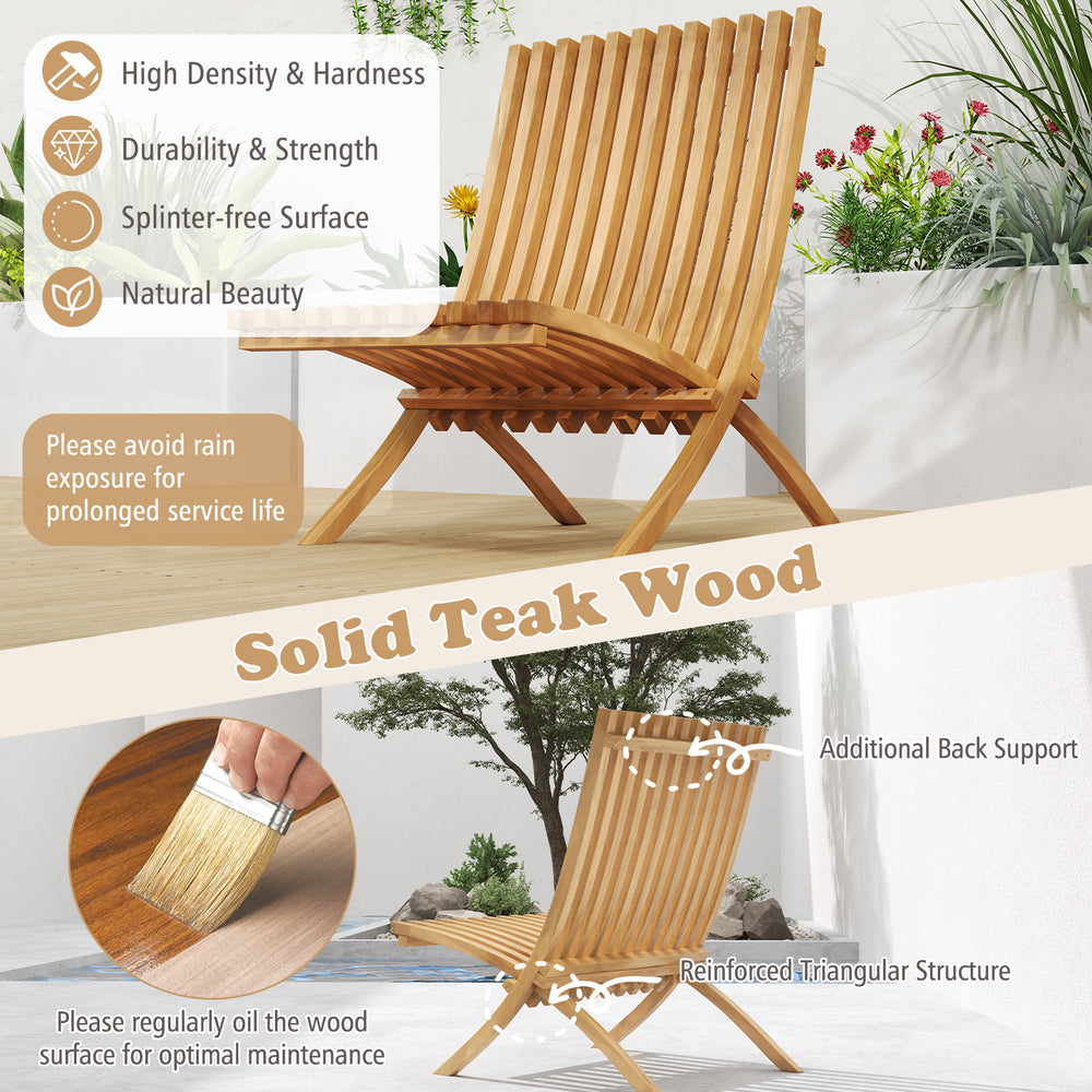 Folding teak wood outdoor lounge chair with slatted seat and backrest, perfect for patio relaxation and fire pit nights.