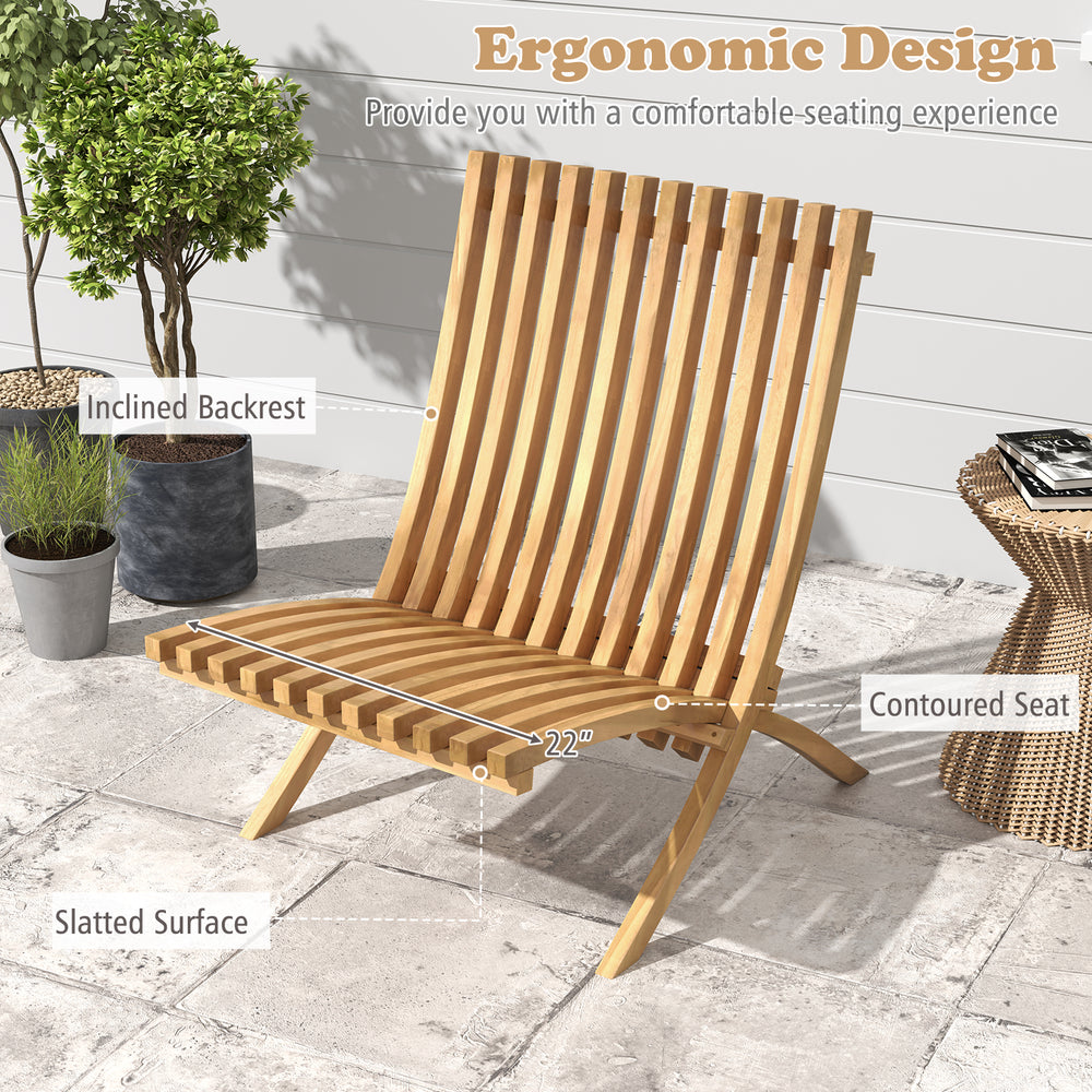 Folding teak wood outdoor lounge chair with slatted seat and inclined backrest, perfect for patio relaxation.