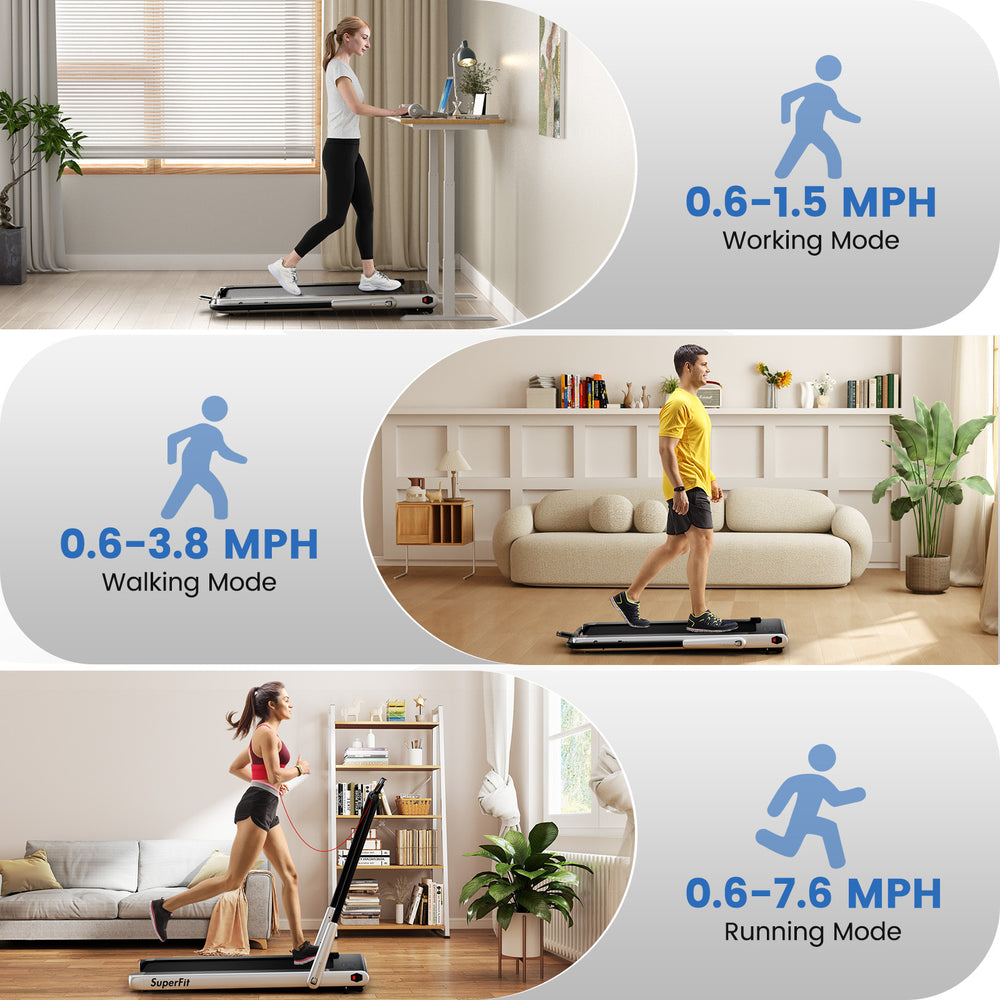 Folding treadmill in running mode, featuring a 3HP motor, 0.6-7.6 mph speed range, and anti-slip running belt.