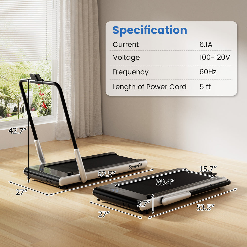 Folding treadmill with 3HP motor, 0.6-7.6 mph speed range, and Bluetooth connectivity for home workouts.