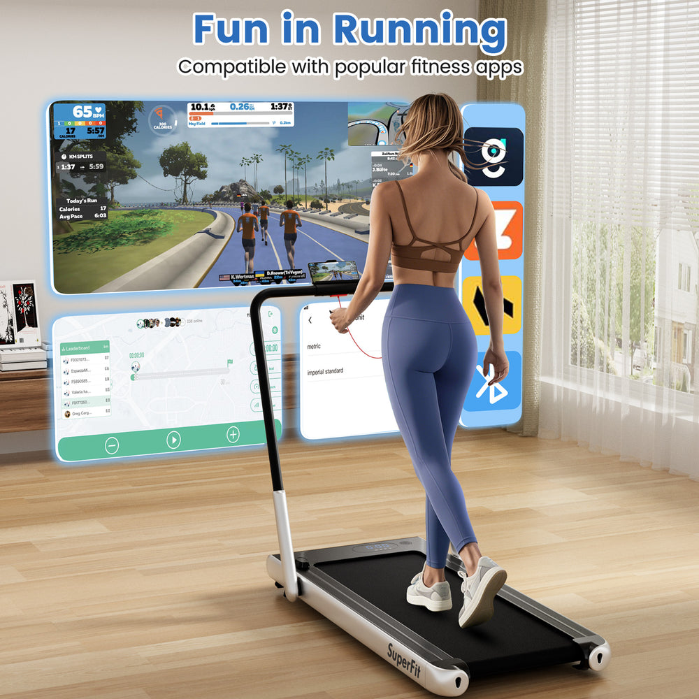 Folding treadmill with 3HP motor, LED display, and Bluetooth compatibility for walking, running, and easy storage.