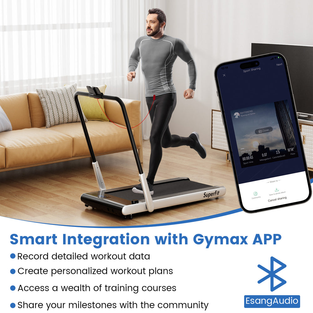 Folding treadmill with 3HP motor, remote control, and Bluetooth for smart app integration, ideal for walking and.