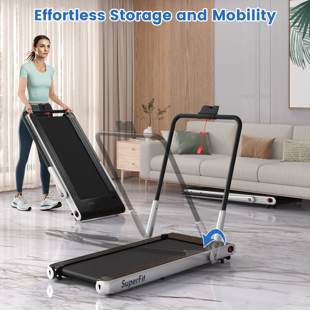 Folding treadmill with 3HP motor, remote control, and built-in speakers for easy storage and mobility in silver.