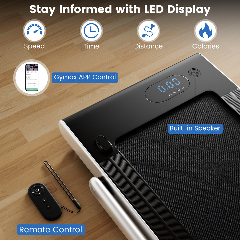 Folding treadmill with LED display, remote control, and built-in speaker, ideal for walking and running workouts.