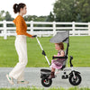 Folding tricycle baby stroller in gray with adjustable canopy and reversible seat, perfect for outdoor walks.