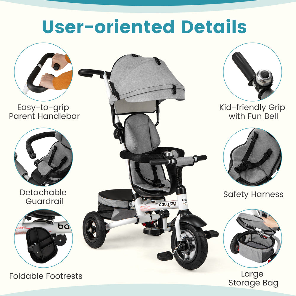 Folding tricycle baby stroller in gray with adjustable canopy, 360° reversible seat, and safety harness for kids.