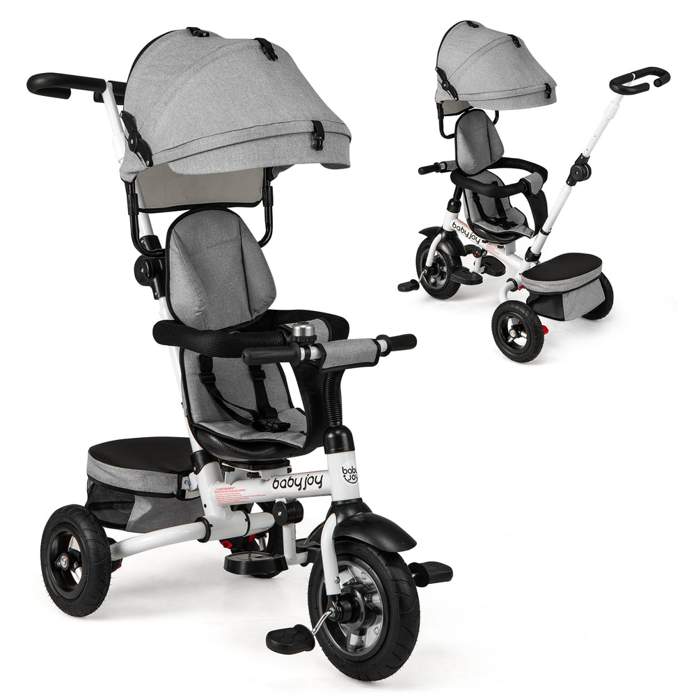 Folding tricycle baby stroller in gray with adjustable canopy and reversible seat for versatile use and safety.