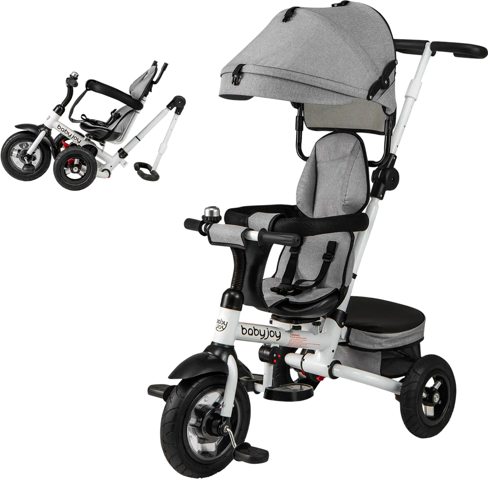 Folding tricycle baby stroller in gray with adjustable canopy, reversible seat, and sturdy steel frame for kids up to.