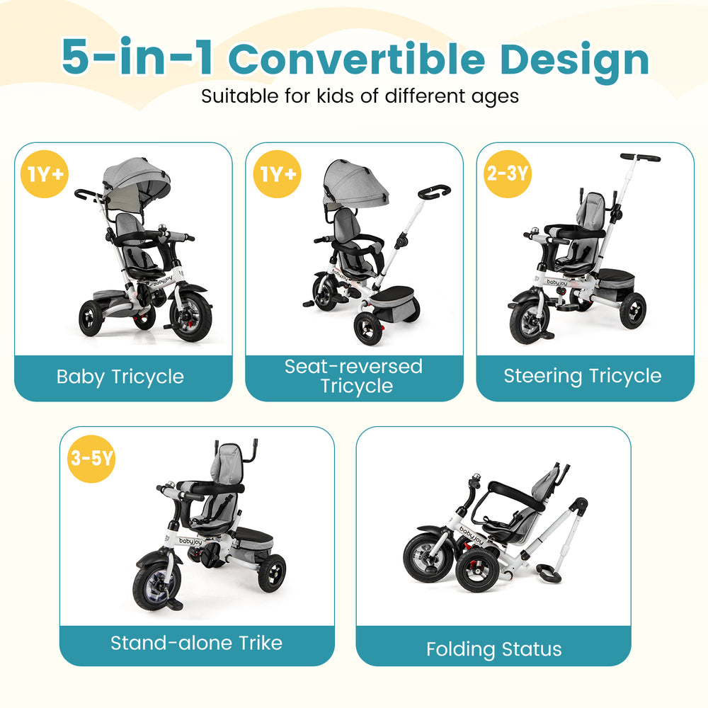 Folding tricycle stroller with reversible seat, adjustable canopy, and sturdy steel frame for kids aged 1-5 years.