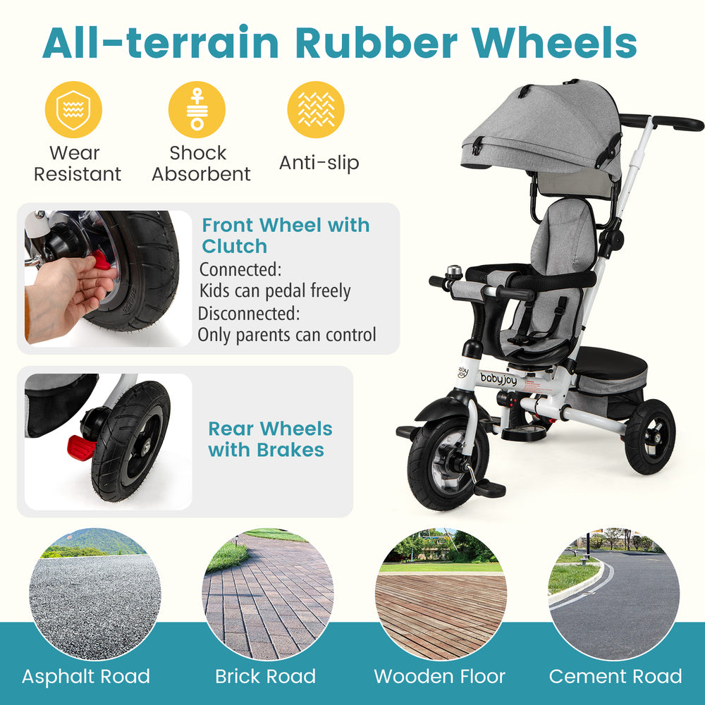 All-terrain rubber wheels of a gray folding tricycle baby stroller, designed for various road surfaces and enhanced.