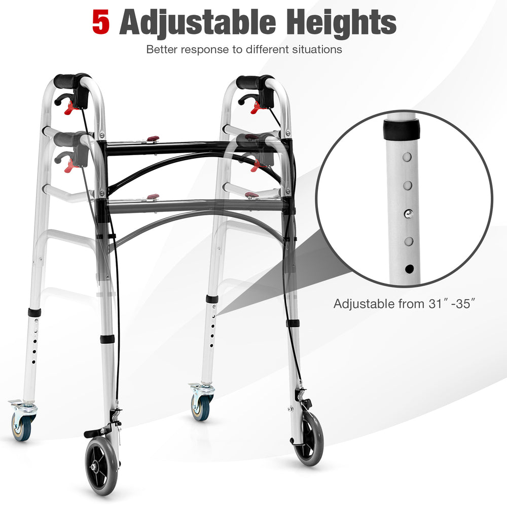 Height adjustable aluminum walker with rolling wheels, featuring 5 height settings from 31"-35" for versatile use.