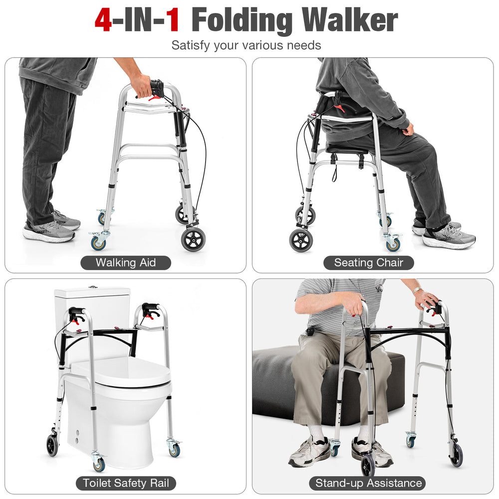 Height adjustable aluminum walker with rolling wheels, brakes, and ergonomic backrest for versatile support and safety.
