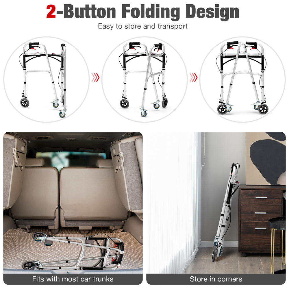 Height adjustable aluminum walker with rolling wheels, featuring a 2-button folding design for easy storage and.