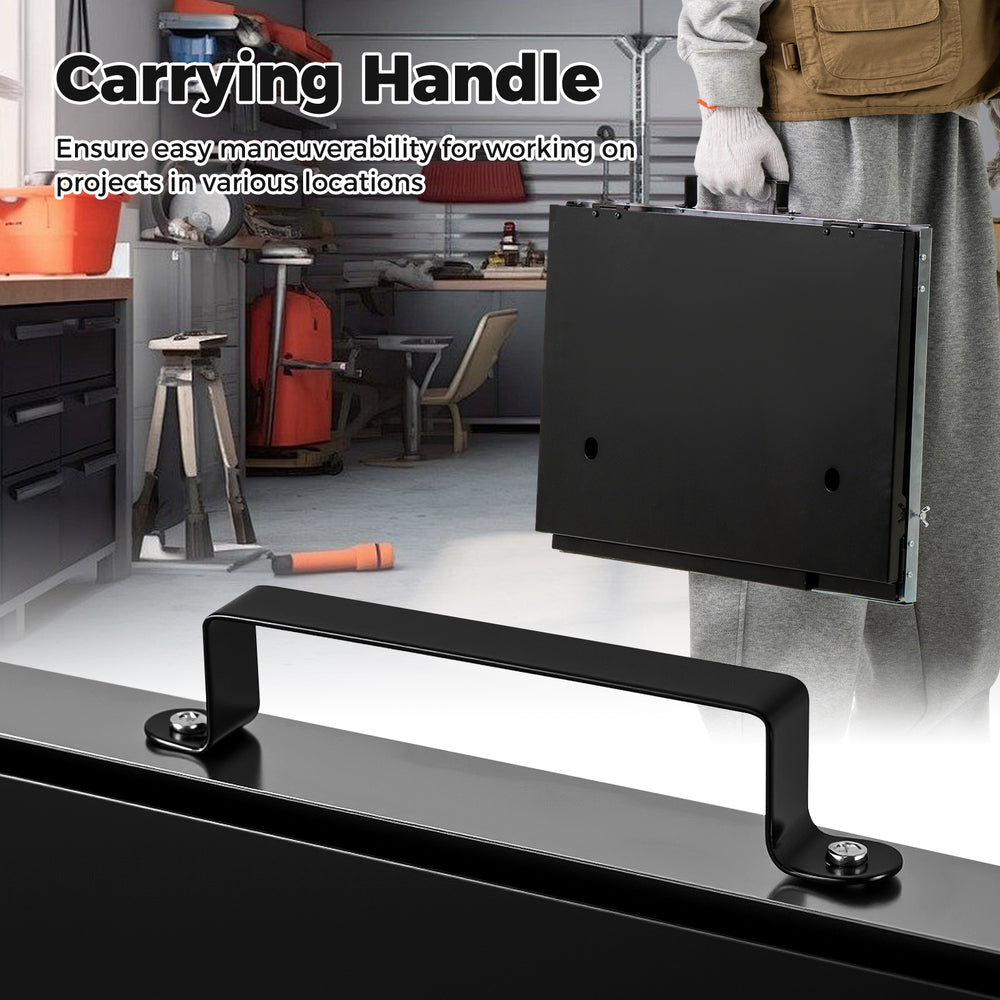 Folding welding table accessory with carrying handle, perforated panel, and tool slots for versatile workspace.