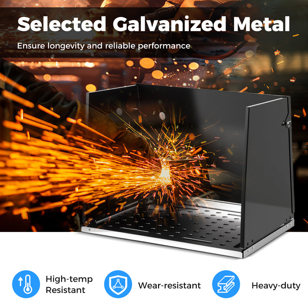 Folding welding table accessories with perforated panel, high-temp resistant galvanized metal for versatile workspace.