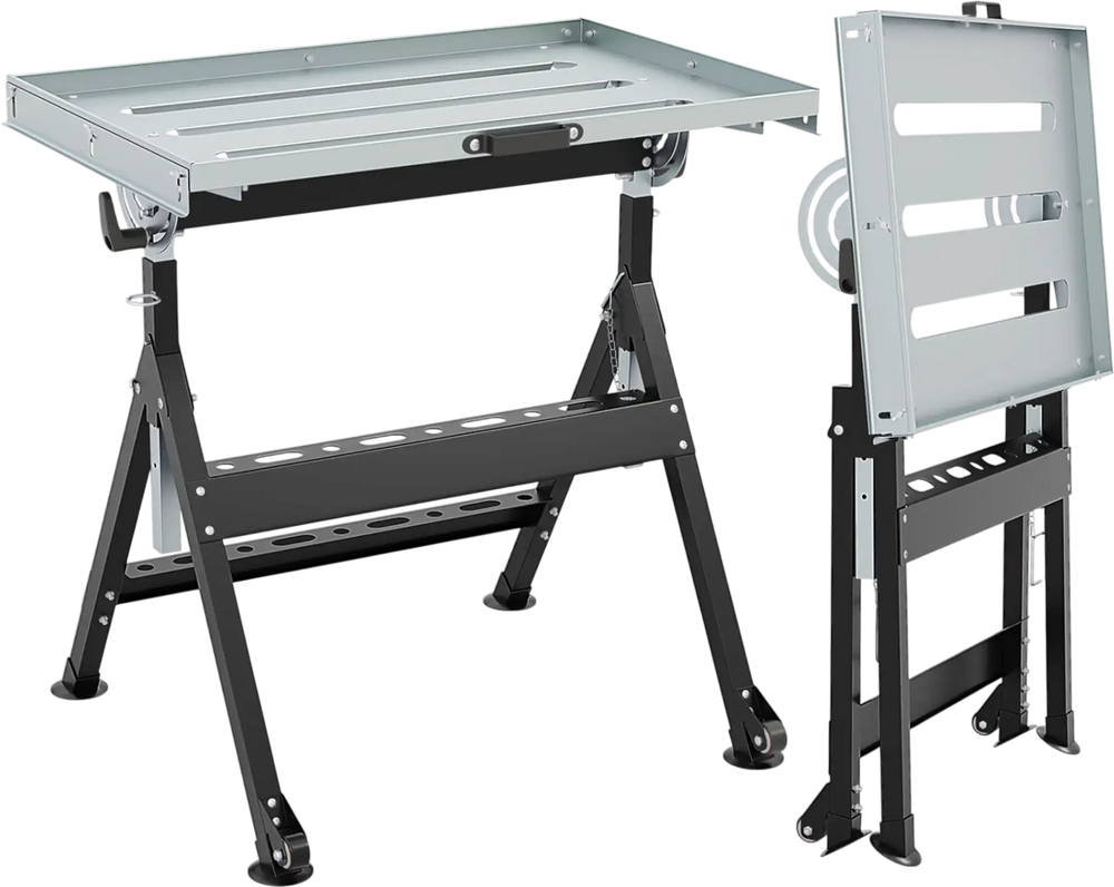 Folding welding table in black with 4-level height adjustment and tiltable tabletop for efficient workspace.