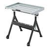 Folding welding table in black with 4-level height adjustment and 2 fixed wheels for efficient workspace organization.