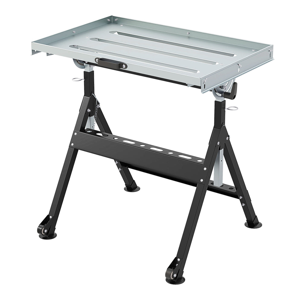 Folding welding table in black with 4-level height adjustment and 2 fixed wheels for efficient workspace organization.