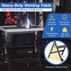 Folding welding table with 4-level height adjustment, 400 lbs capacity, and 2 fixed wheels for easy mobility.