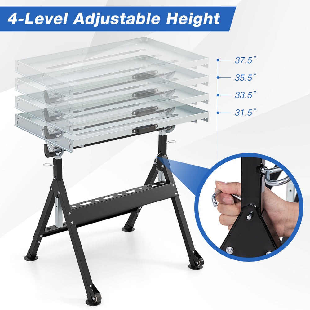Folding welding table with 4-level adjustable height, black finish, ideal for welding and repair tasks.