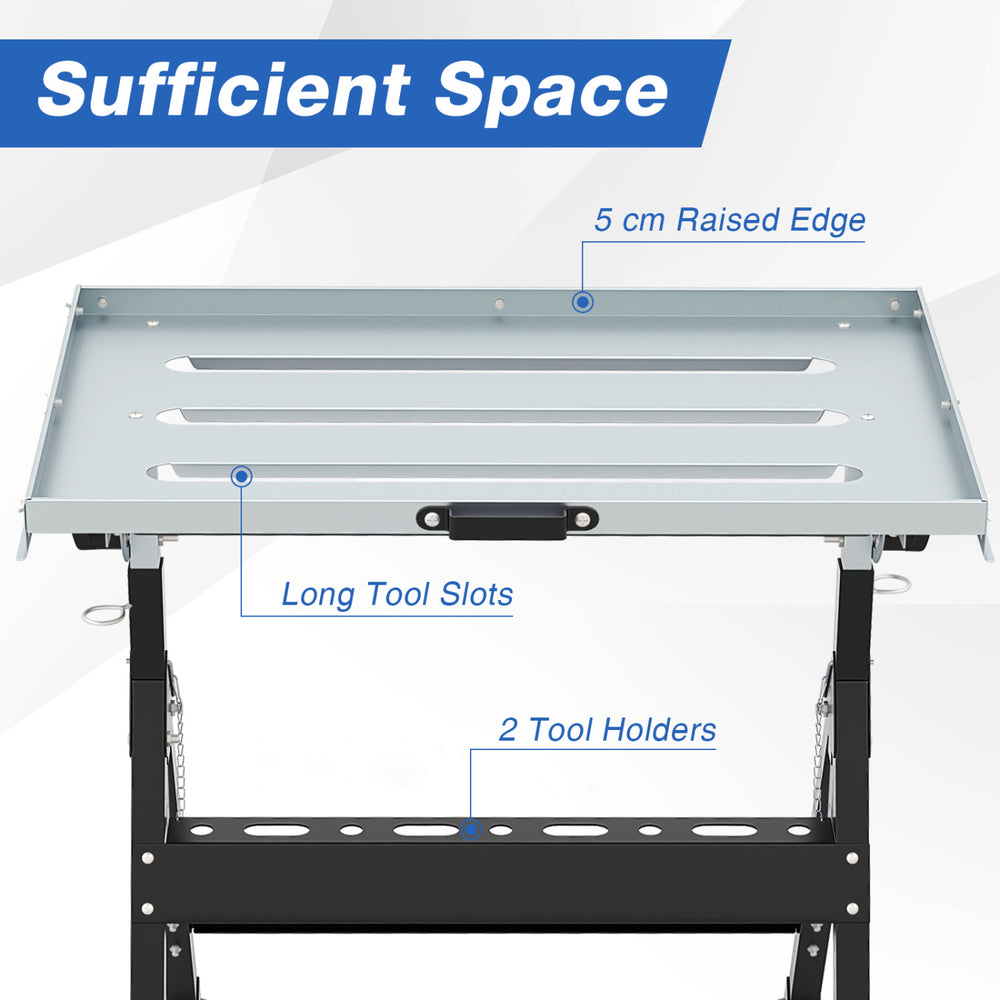 Folding welding table with 5 cm raised edge, 4-level height, and tool slots for organized workspace efficiency.