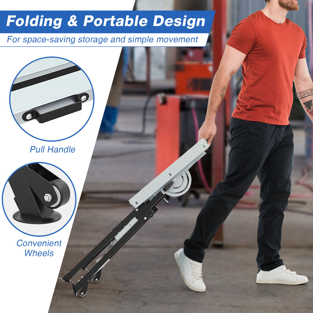 Folding welding table with pull handle and wheels, featuring 4-level height adjustment for versatile workspace.