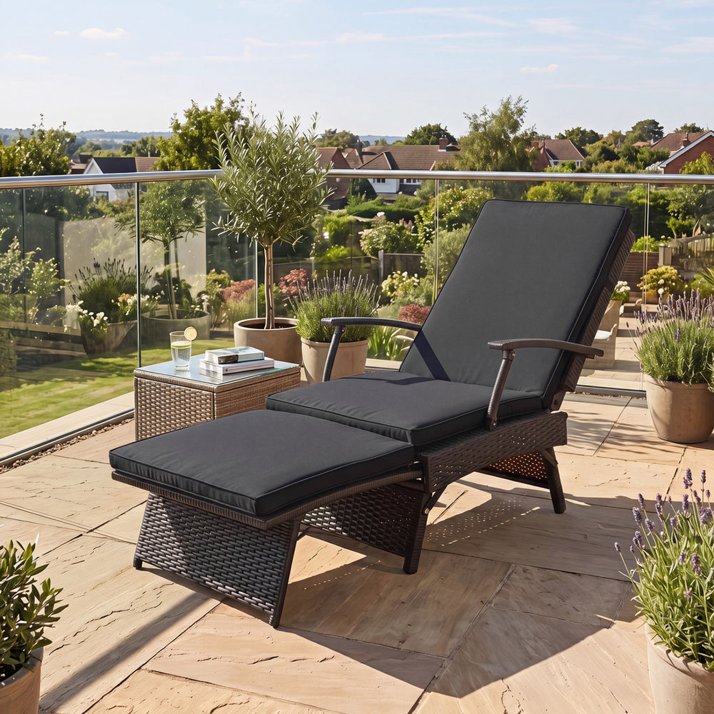 Folding Wicker Chaise Lounge with Slide-Out Ottoman11-Level Adjustable Backrest to Flat and Sun-Proof PE Rattan-Black - Gallery View 1 of 9