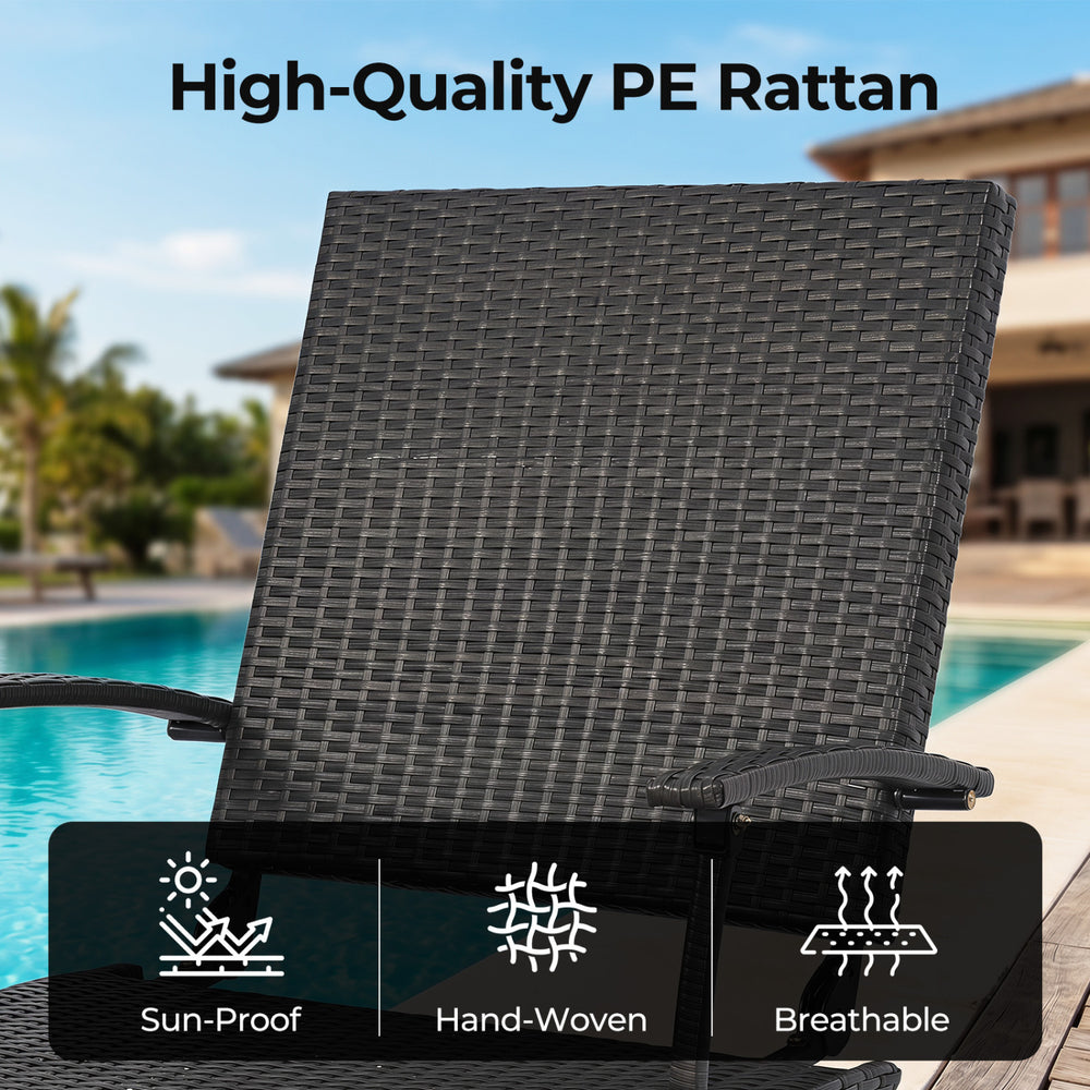 Folding wicker chaise lounge with slide-out ottoman, high-quality PE rattan, sun-proof and breathable for outdoor relaxation.